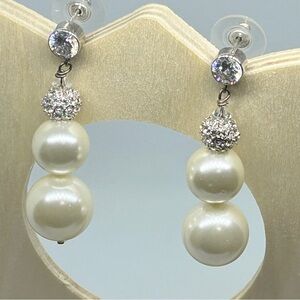 Authentic White Shell Pearl 8 & 6mm Rhinestones & Sterling Pierced Drop Earrings
